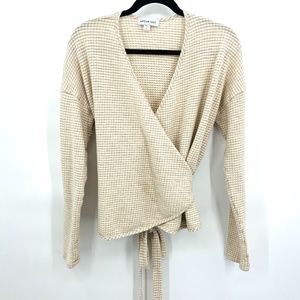 AMOUR VERT Cream Tan Textured Modal Blend V-Neck Long Sleeve Wrap Top Medium